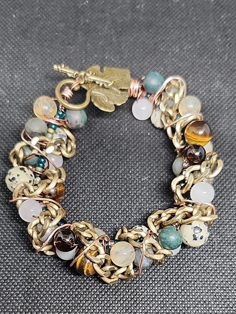 Gold Chain Multi-Bead Charm Bracelet with Leaf Toggle